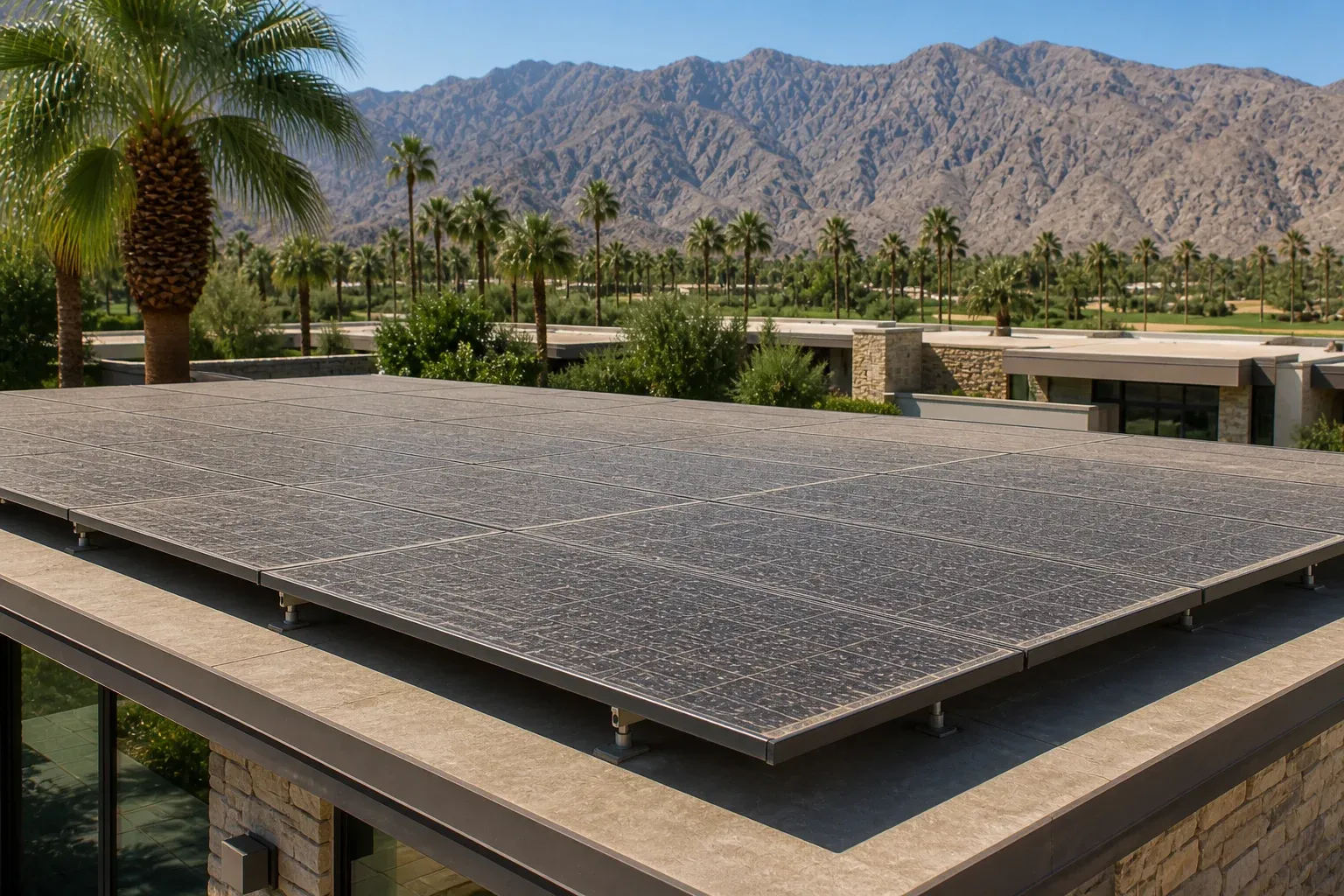 Bermuda Dunes estate solar panels dusted with valley-floor and airpark grit.