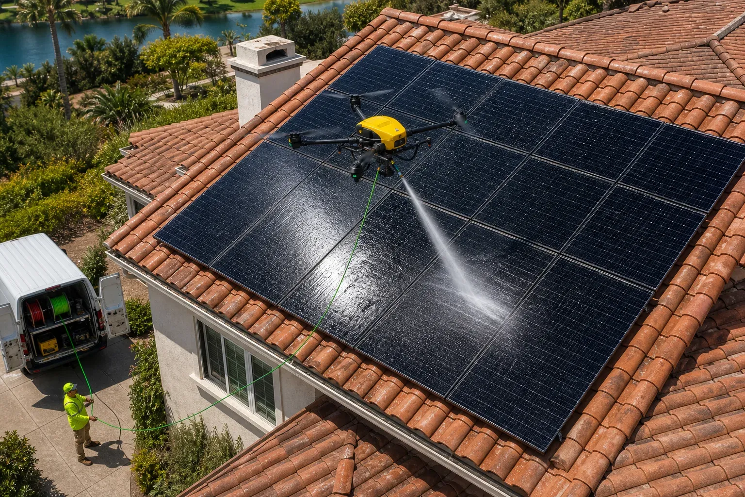 Top-down view of a yellow DronePower1 cleaning drone rinsing solar panels on a Carlsbad clay-tile roof.