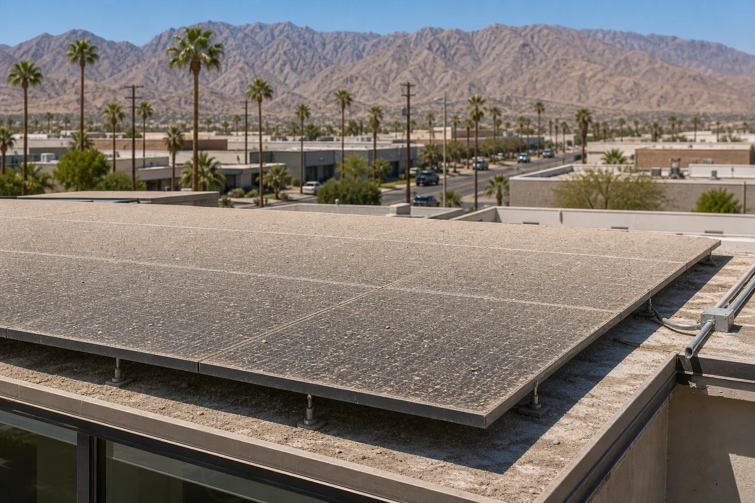 Cathedral City flat-roof commercial solar panels coated in road dust and valley wind grit.