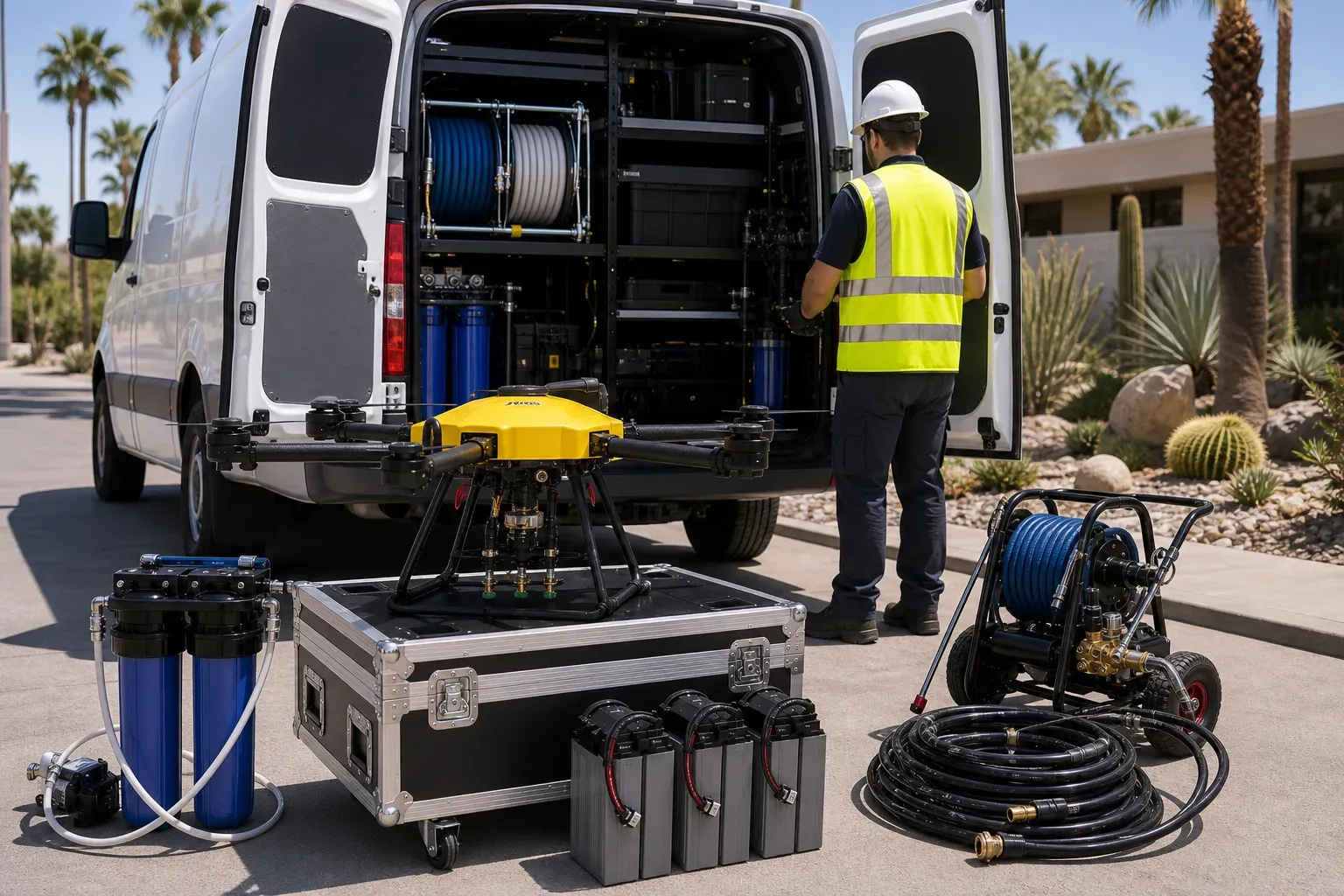 DronePower1 drone and water-fed cleaning equipment staged at a Cathedral City property.