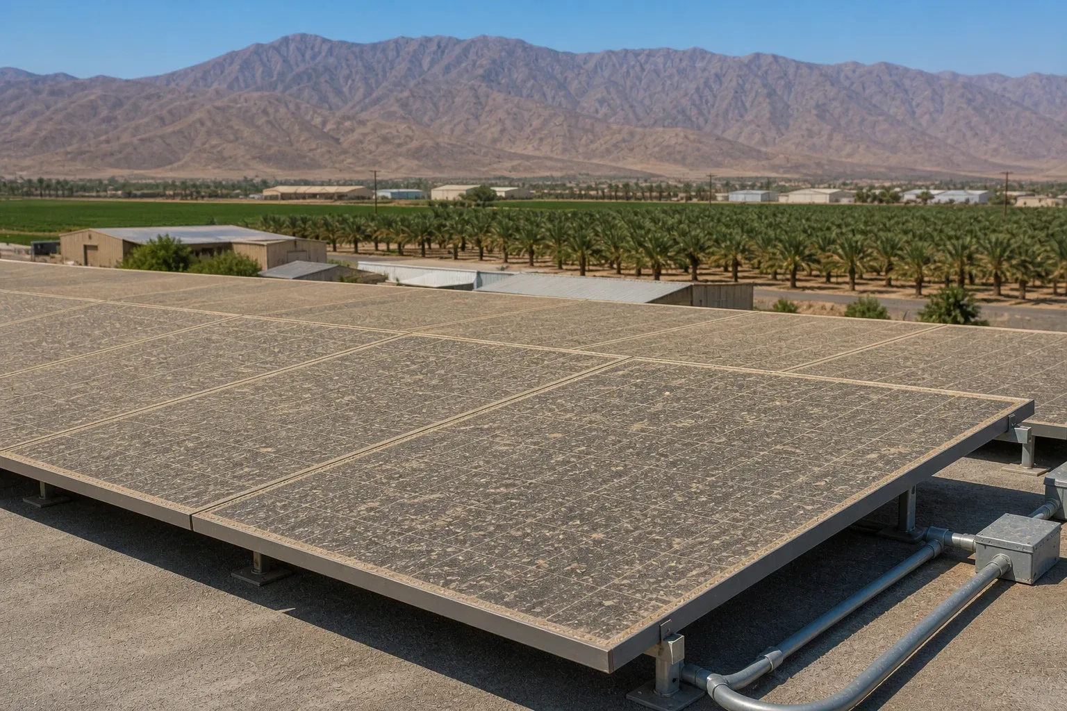 Coachella commercial solar panels caked with agricultural dust and grove pollen.