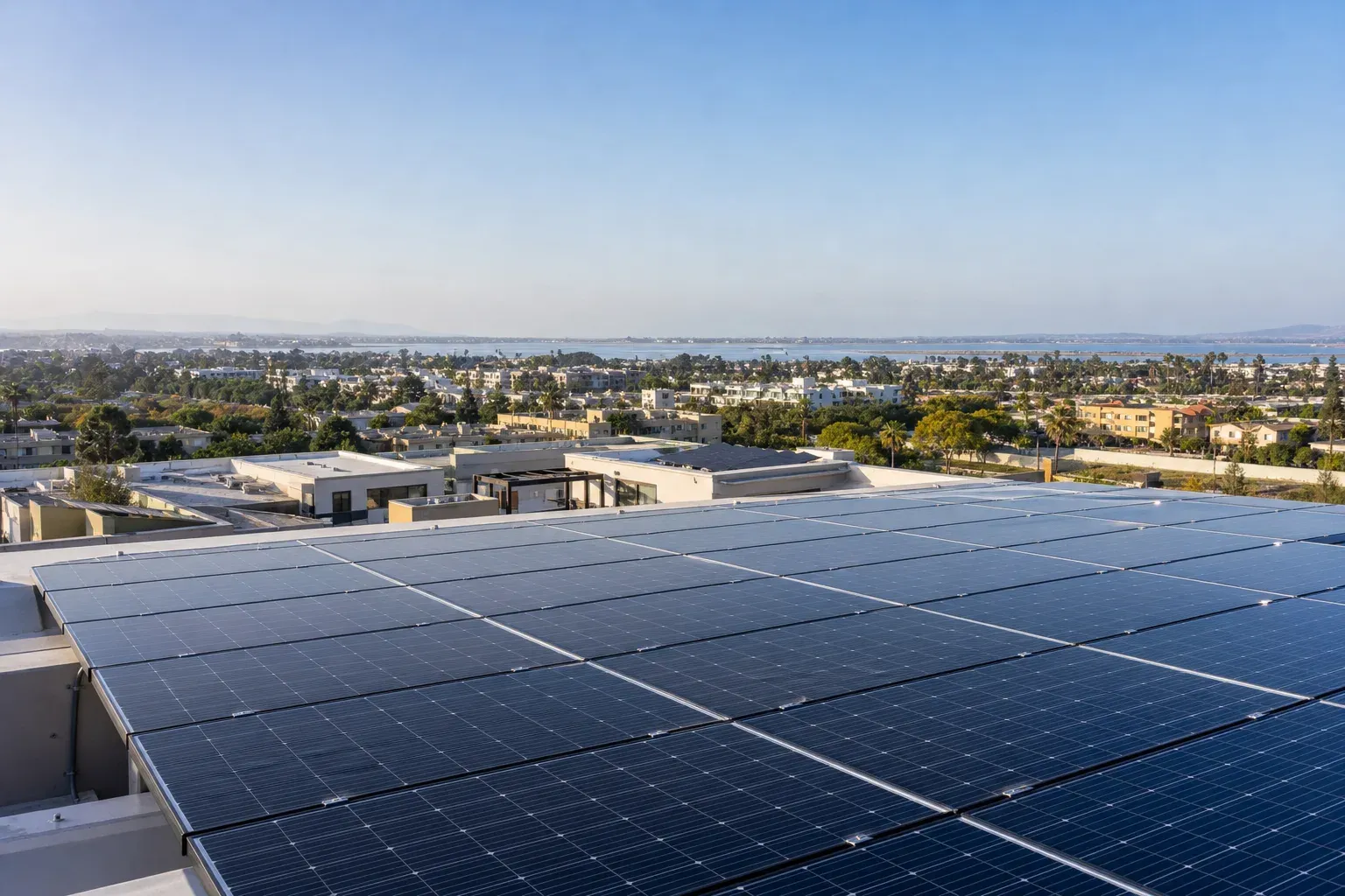 Coastal rooftop solar array overlooking Costa Mesa neighborhoods and low-rise commercial buildings.