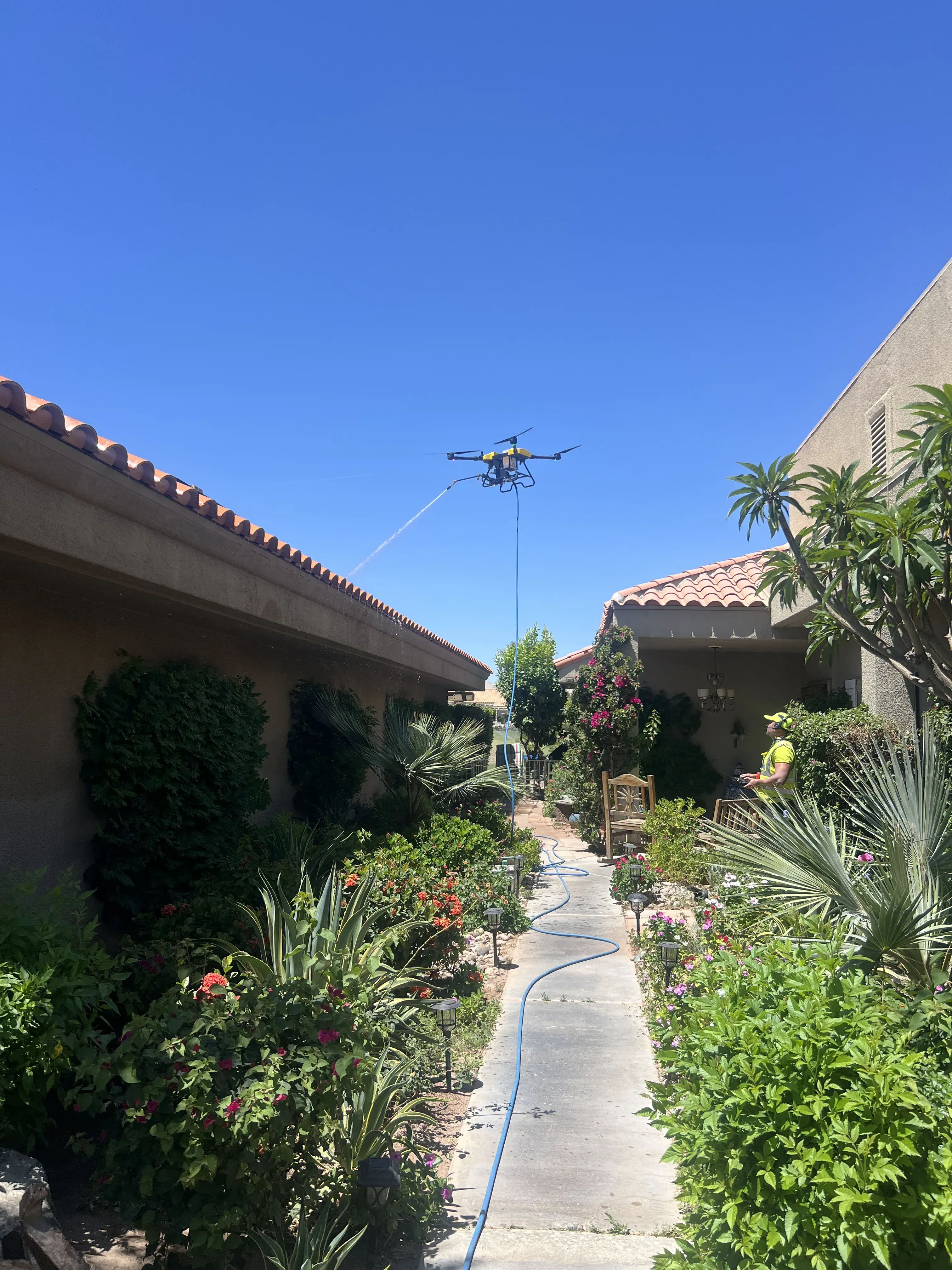 DronePower1 drone visible against the roof and palms over a residential courtyard