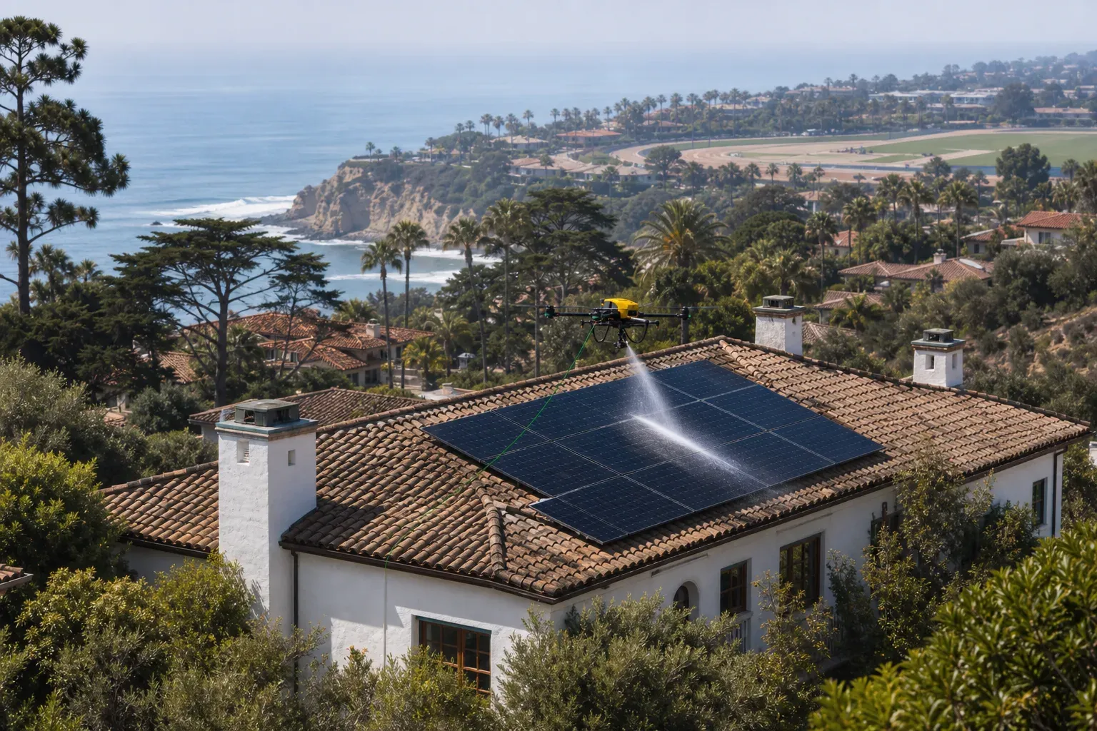 Telephoto coastal view of a yellow DronePower1 drone cleaning rooftop solar panels on a Del Mar tile-roof home.