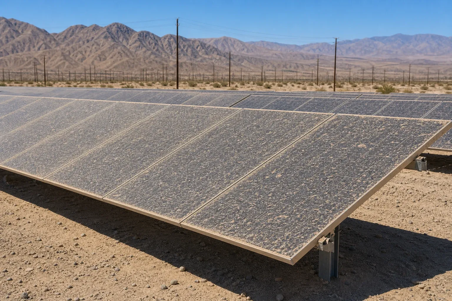 Desert Hot Springs ground-mount solar panels coated in wind-driven silica.