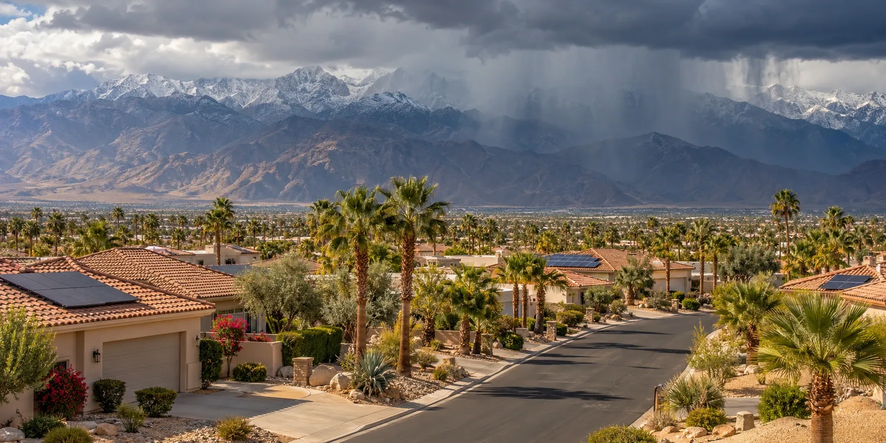 Winter storm clouds stacked over snow-dusted San Jacinto peaks while the Coachella Valley floor below stays dry and sunlit, desert homes with rooftop solar and palm trees in the foreground, rain shafts visible only over the mountains