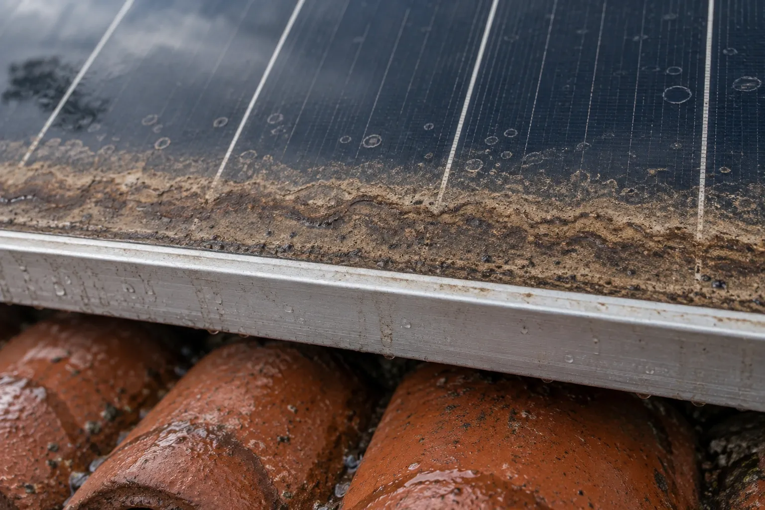 Close-up of the bottom edge of a rooftop solar panel after winter rain, a brown band of dried grime and water lines pooled against the aluminum frame, the glass above cleaner, wet Spanish tile below