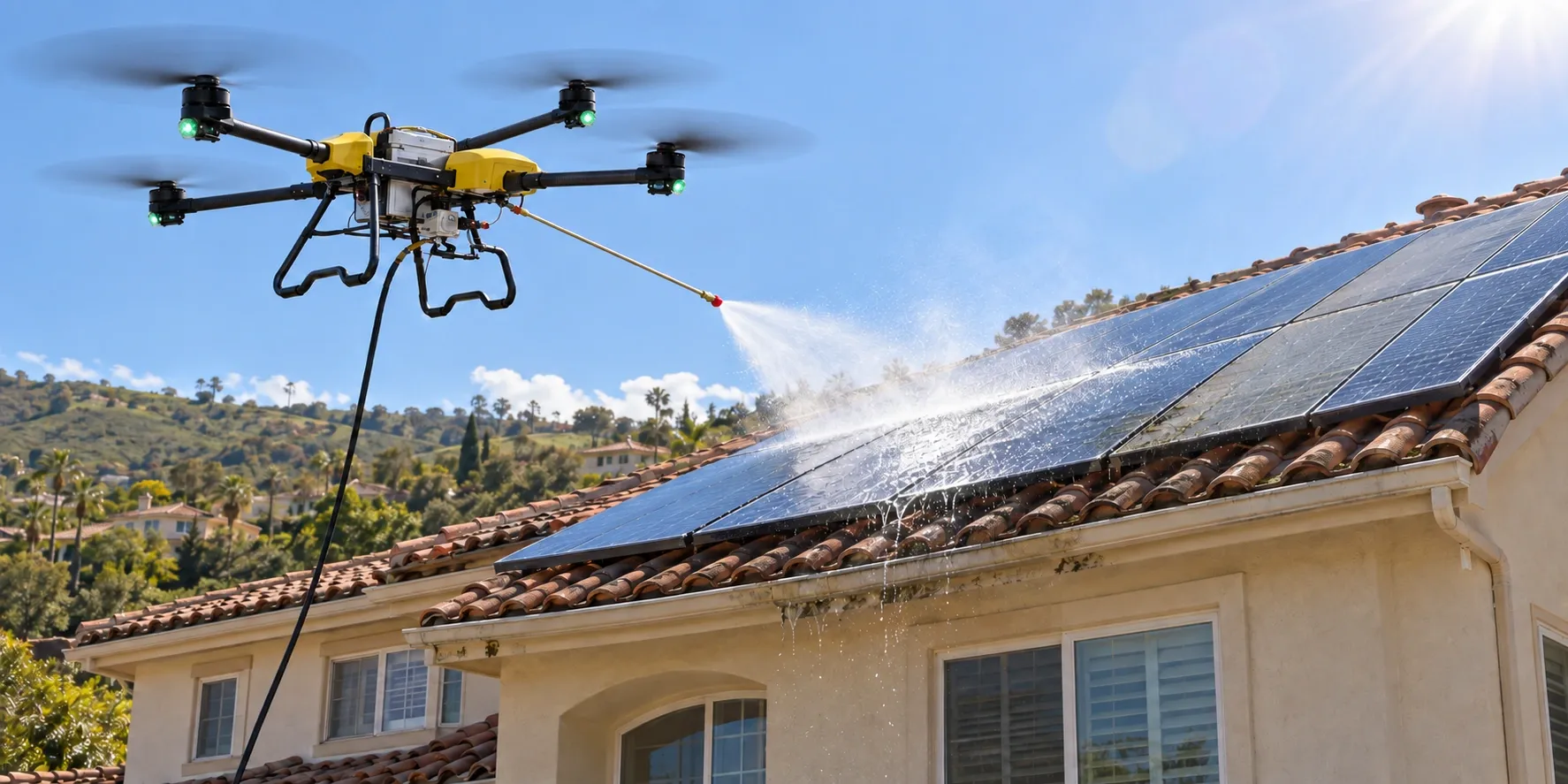 Yellow cleaning drone hovering beside a tile-roof home in North County on a clear spring morning after the rainy season, its water hose running down to the ground and a fan of water from its spray lance washing the rooftop solar array, green hillsides behind