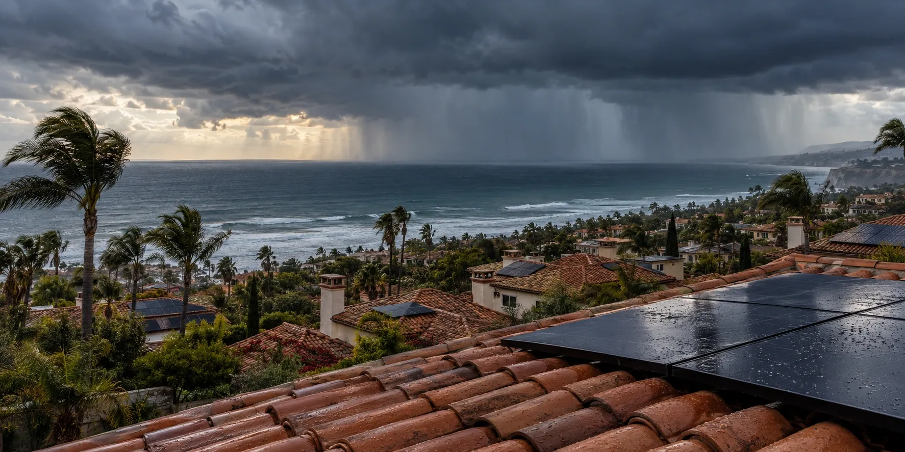 Dark El Niño storm clouds rolling in off the Pacific over a North County neighborhood of Spanish tile roofs with rooftop solar, rain curtains falling over the ocean behind