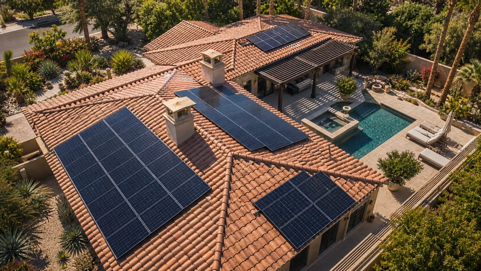 Aerial view of a Coachella Valley home with clean rooftop solar arrays across the tile roof and a pool below