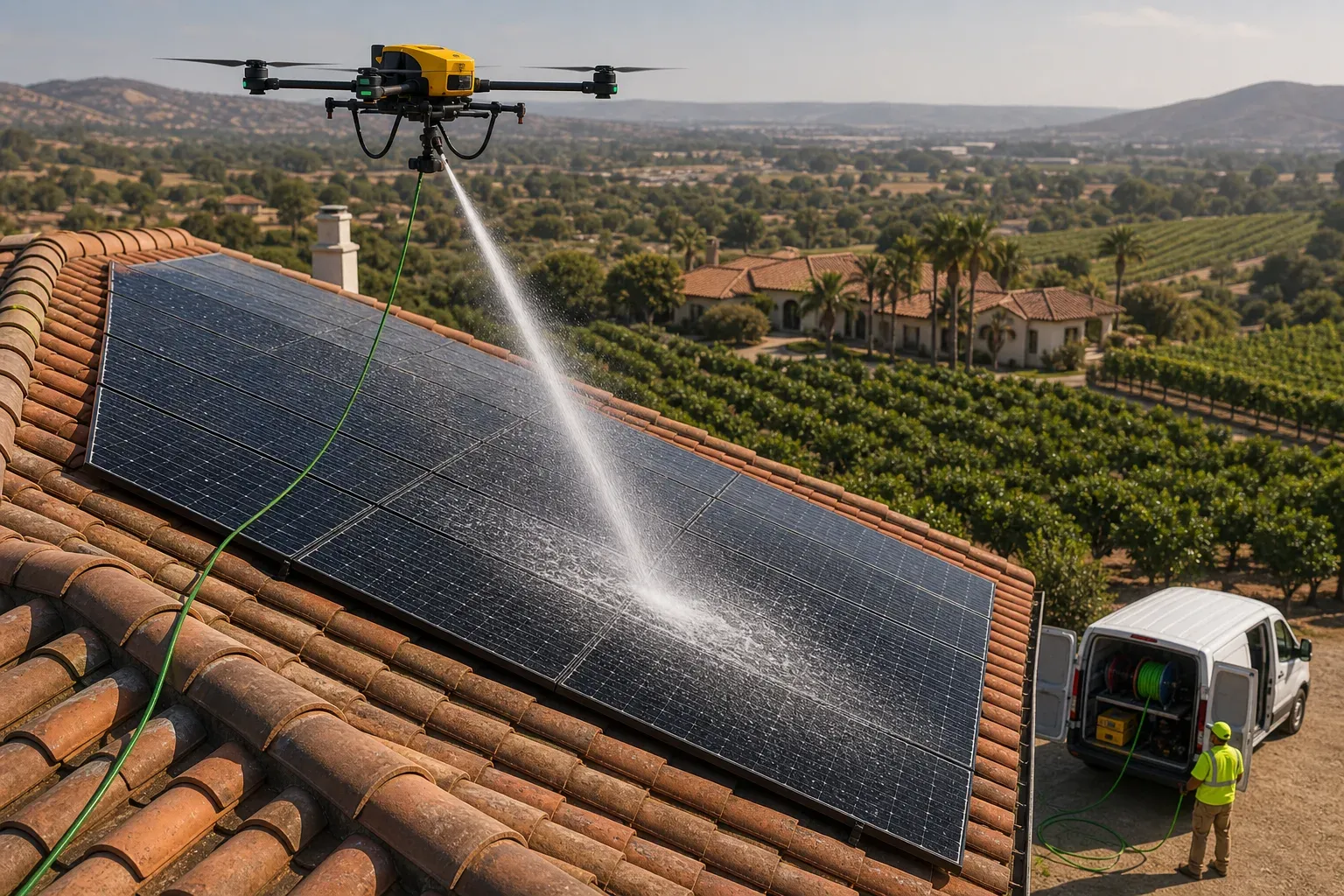 Roof-ridge view of a yellow DronePower1 drone cleaning solar panels on an Escondido tile-roof home near inland groves.