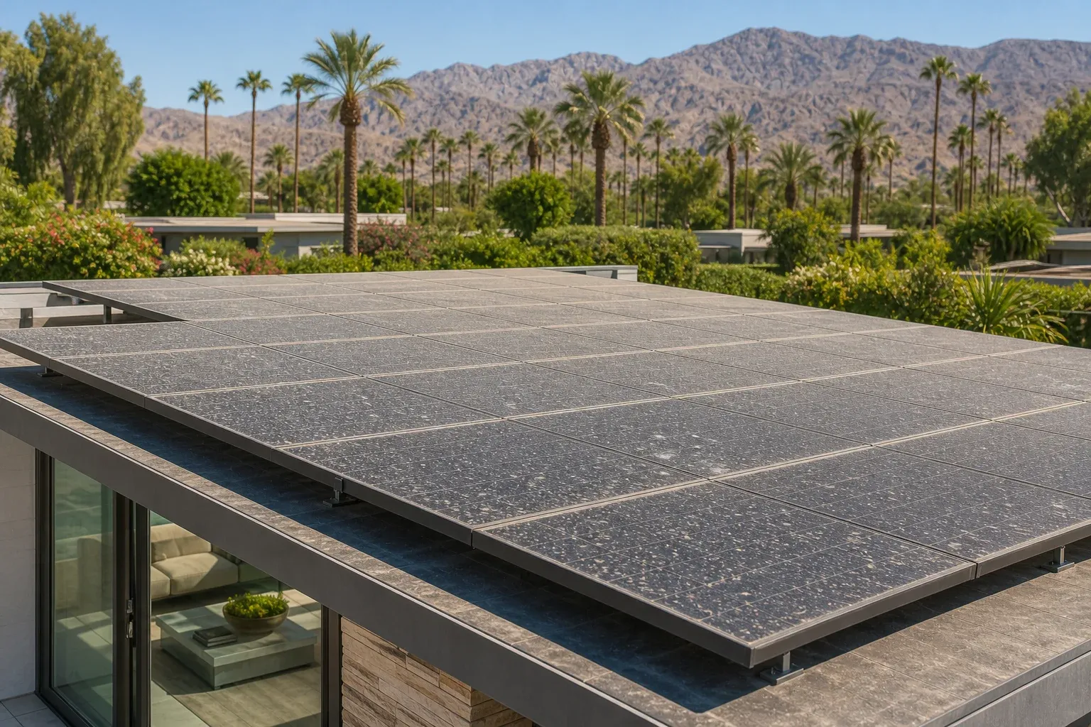 Indian Wells estate solar panels hazed with pollen and irrigation calcium spotting.