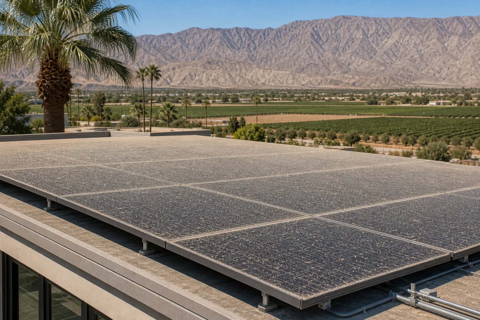 Indio rooftop solar panels dulled by agricultural dust and date-palm pollen.