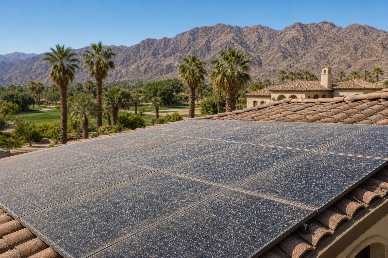 La Quinta estate tile-roof solar panels coated in dust and irrigation overspray.
