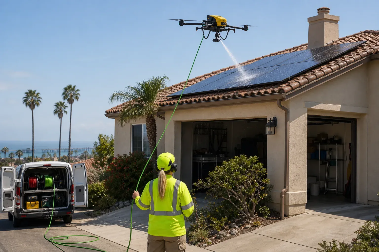 DronePower1 operator guiding a green hose while a yellow cleaning drone washes solar panels on an Oceanside tile-roof home.