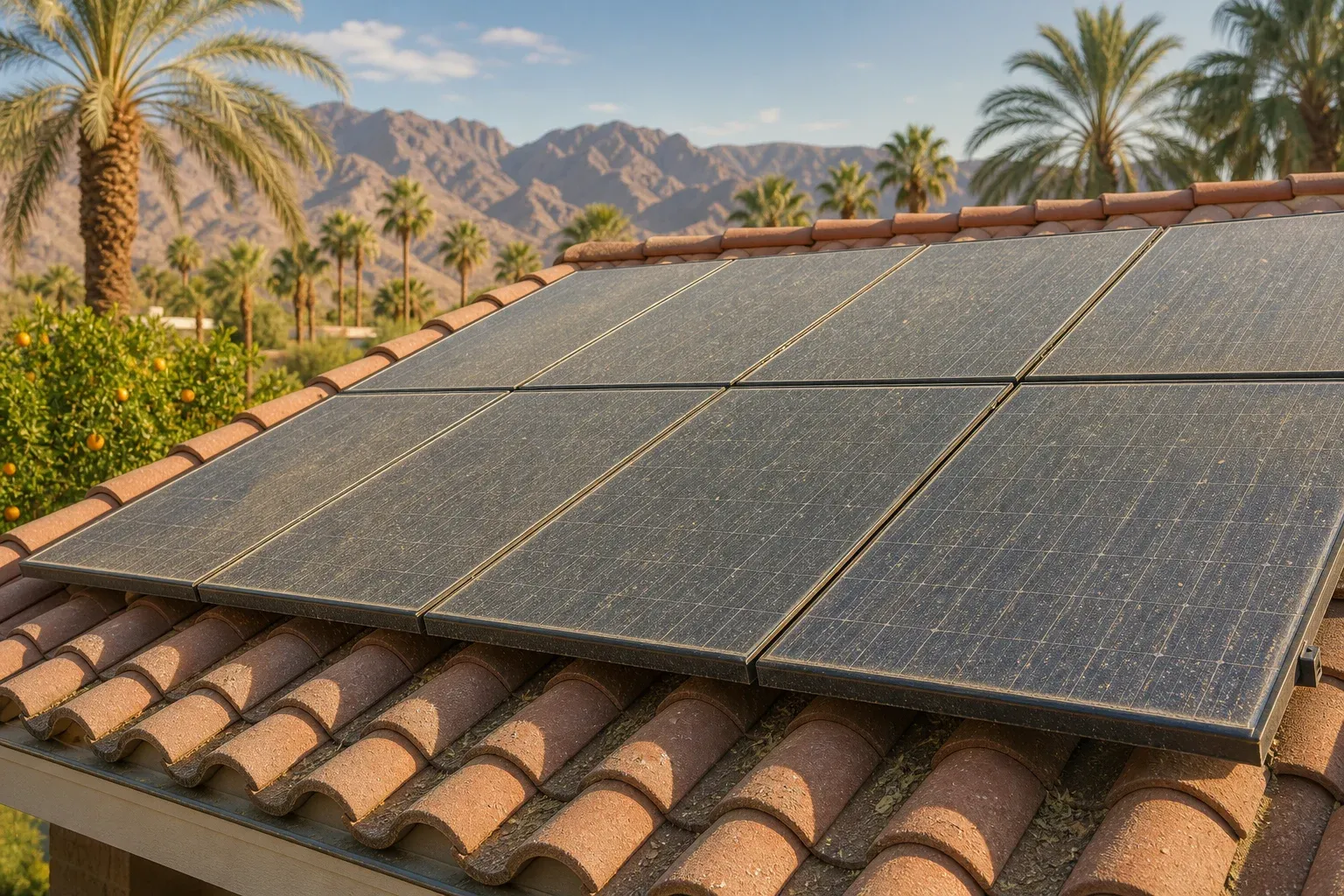 Palm Desert tile-roof solar panels coated in windblown silica and pollen.