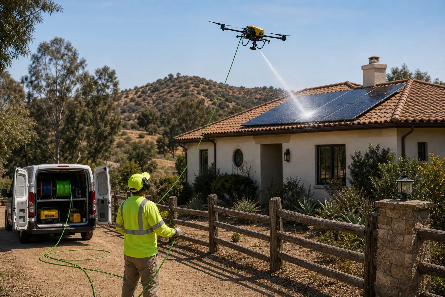 Poway rural property service scene with a high-visibility operator guiding a hose while a yellow drone cleans rooftop solar panels.
