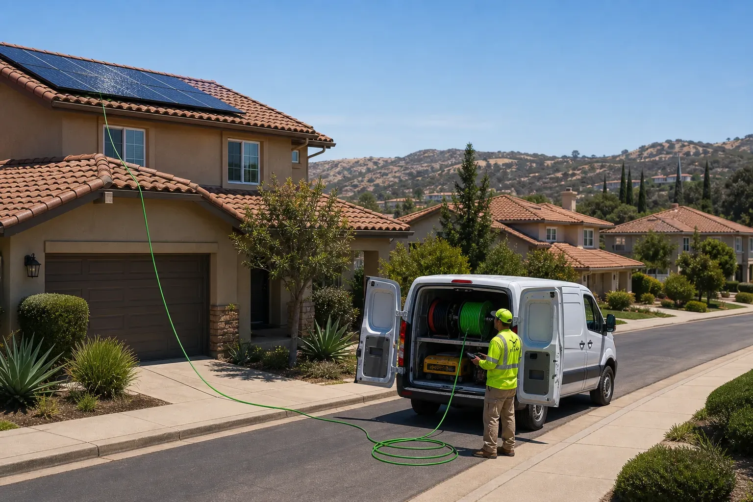 DronePower1 service van and green hose staged below wet rooftop solar panels in a Rancho Bernardo neighborhood.