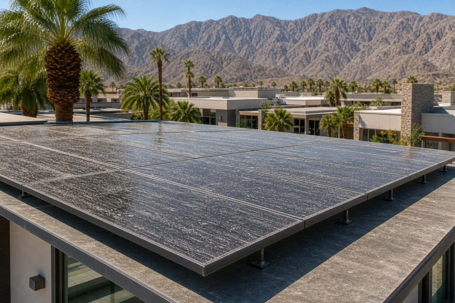 Rancho Mirage rooftop solar panels streaked with valley silt and rain deposits.