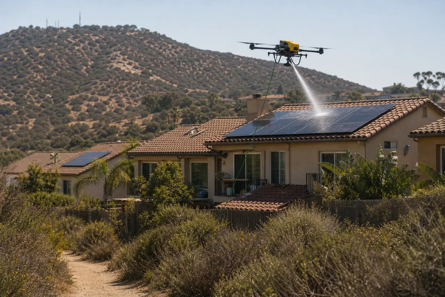 Canyon-edge Rancho Penasquitos view of a yellow DronePower1 drone washing rooftop solar panels above chaparral.
