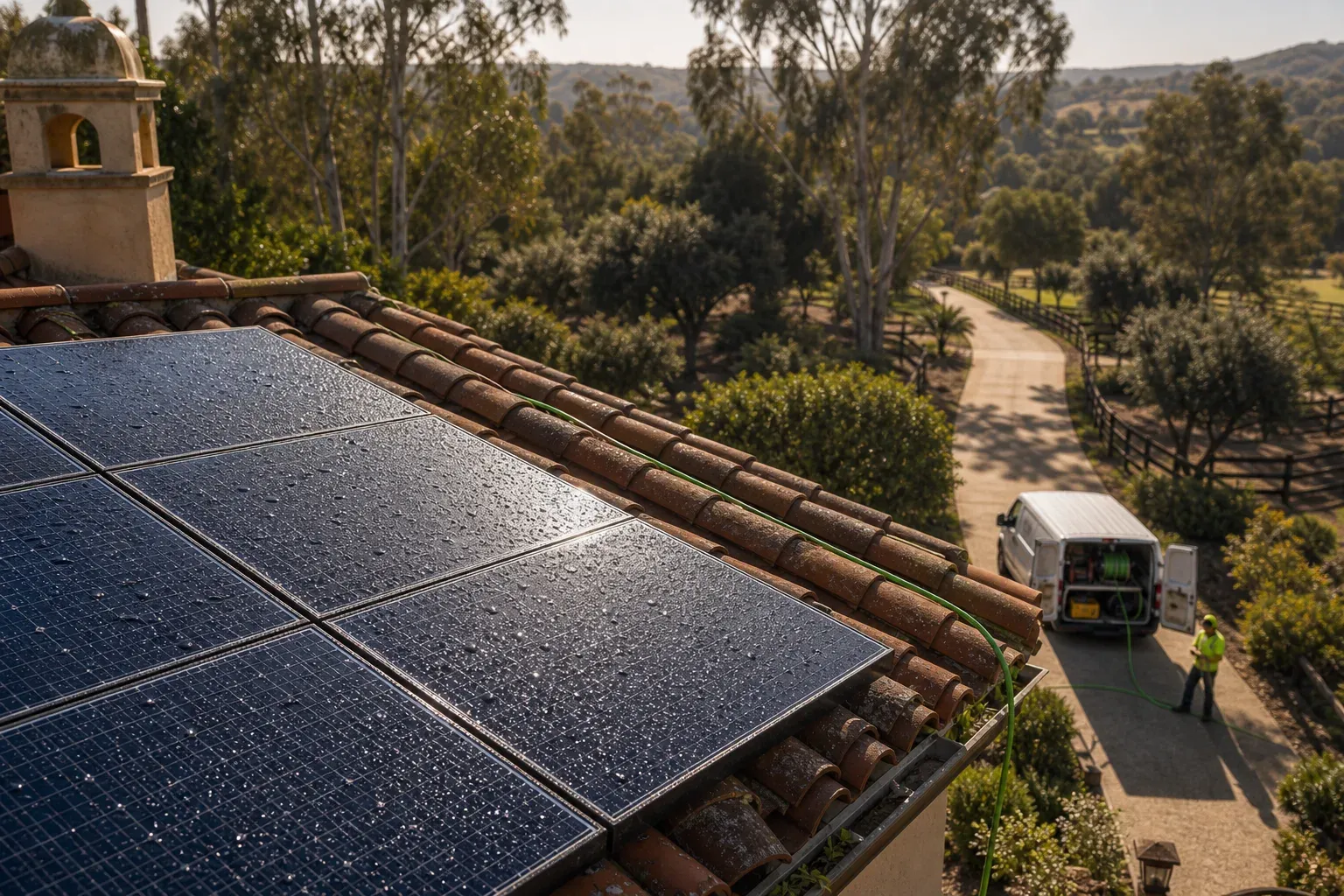 Freshly rinsed estate solar panels with a green service hose leading toward a DronePower1 van on a Rancho Santa Fe driveway.
