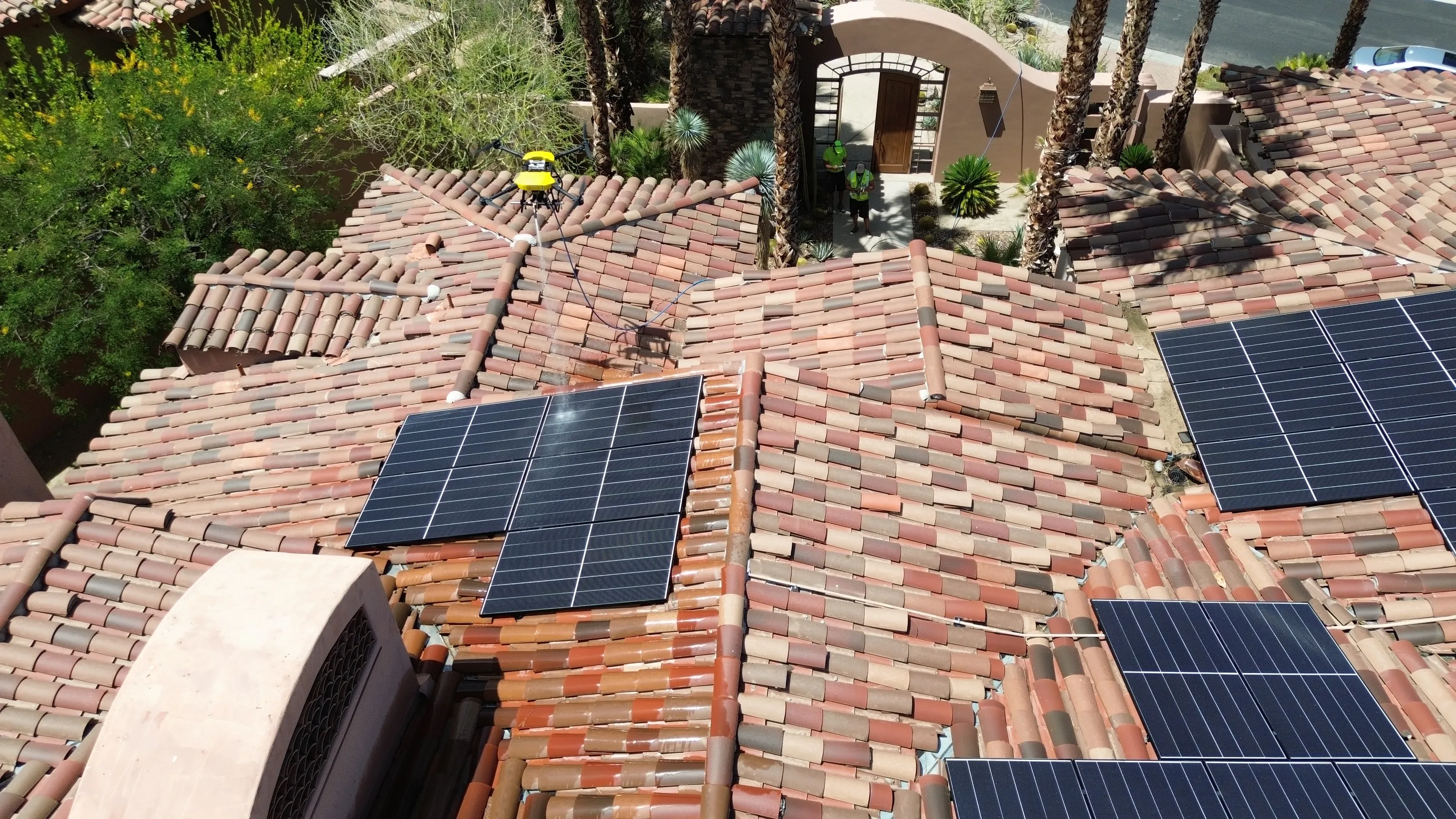 High-angle aerial view of a large commercial rooftop