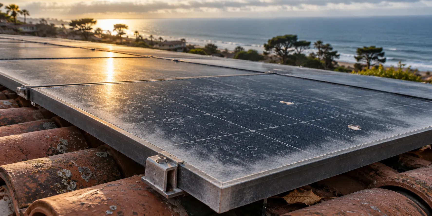 Close view of a coastal rooftop solar array on Spanish barrel tile, the glass dulled by a patchy dried salt haze and faint droplet rings, the aluminum frame and mounting clamp weathered, low morning sun over the Pacific and bluff-top pines behind