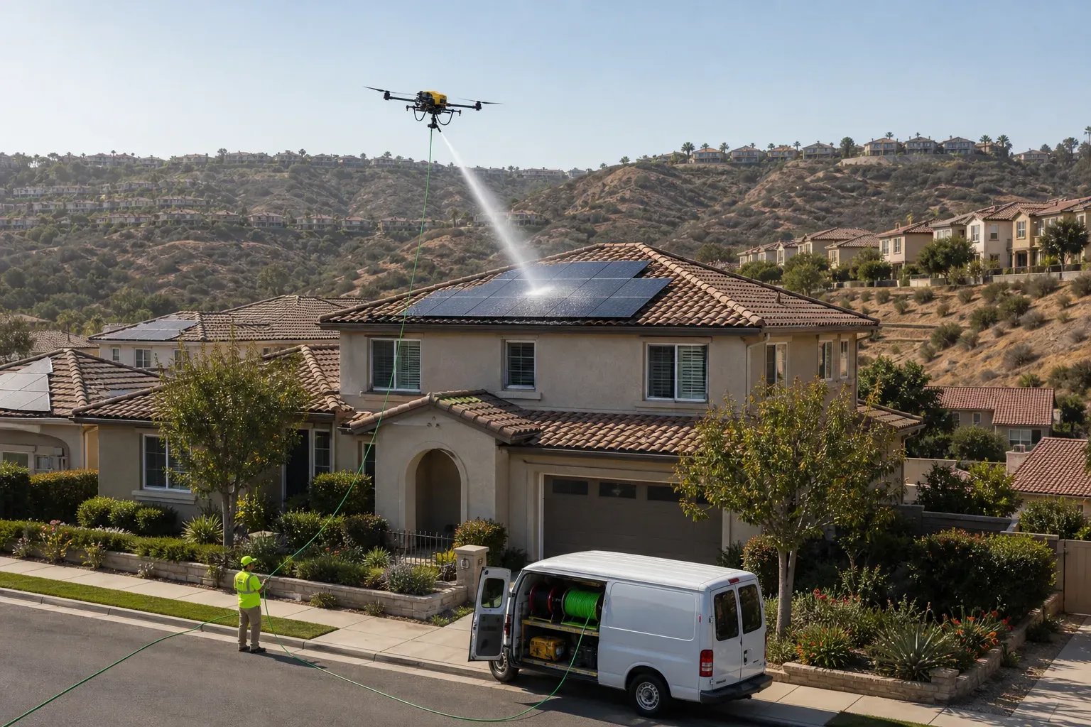 Street-level San Marcos service scene with a yellow DronePower1 drone spraying solar panels above a tile-roof home.