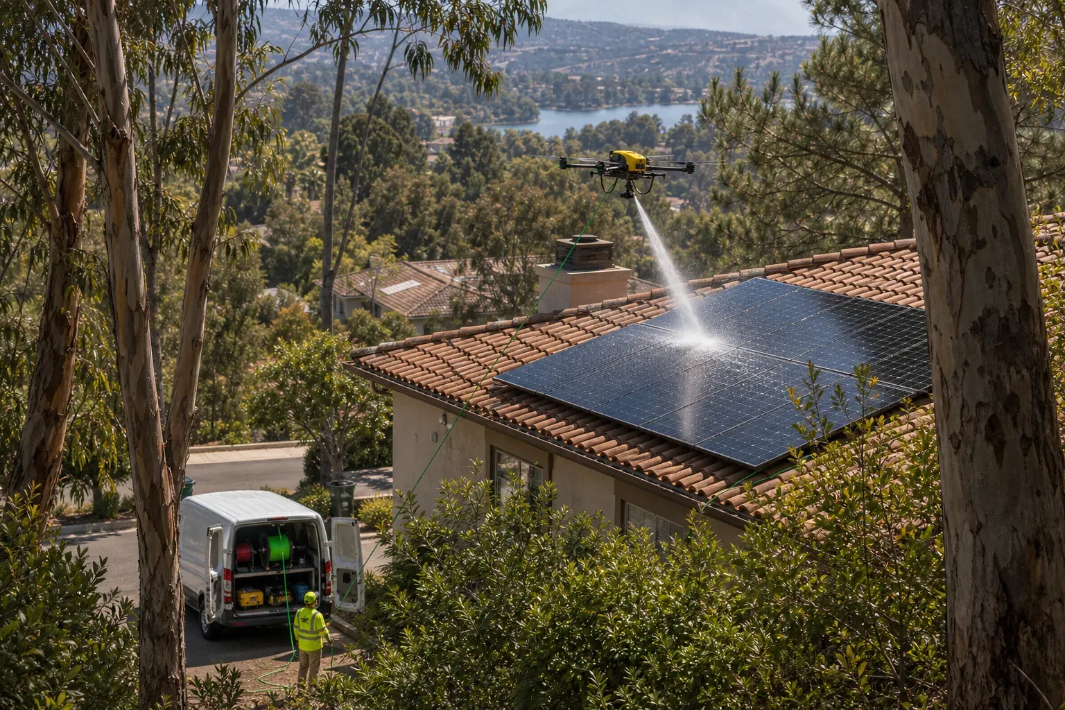 Tree-framed Scripps Ranch view of a yellow DronePower1 drone cleaning solar panels on a tile-roof home near the lake.