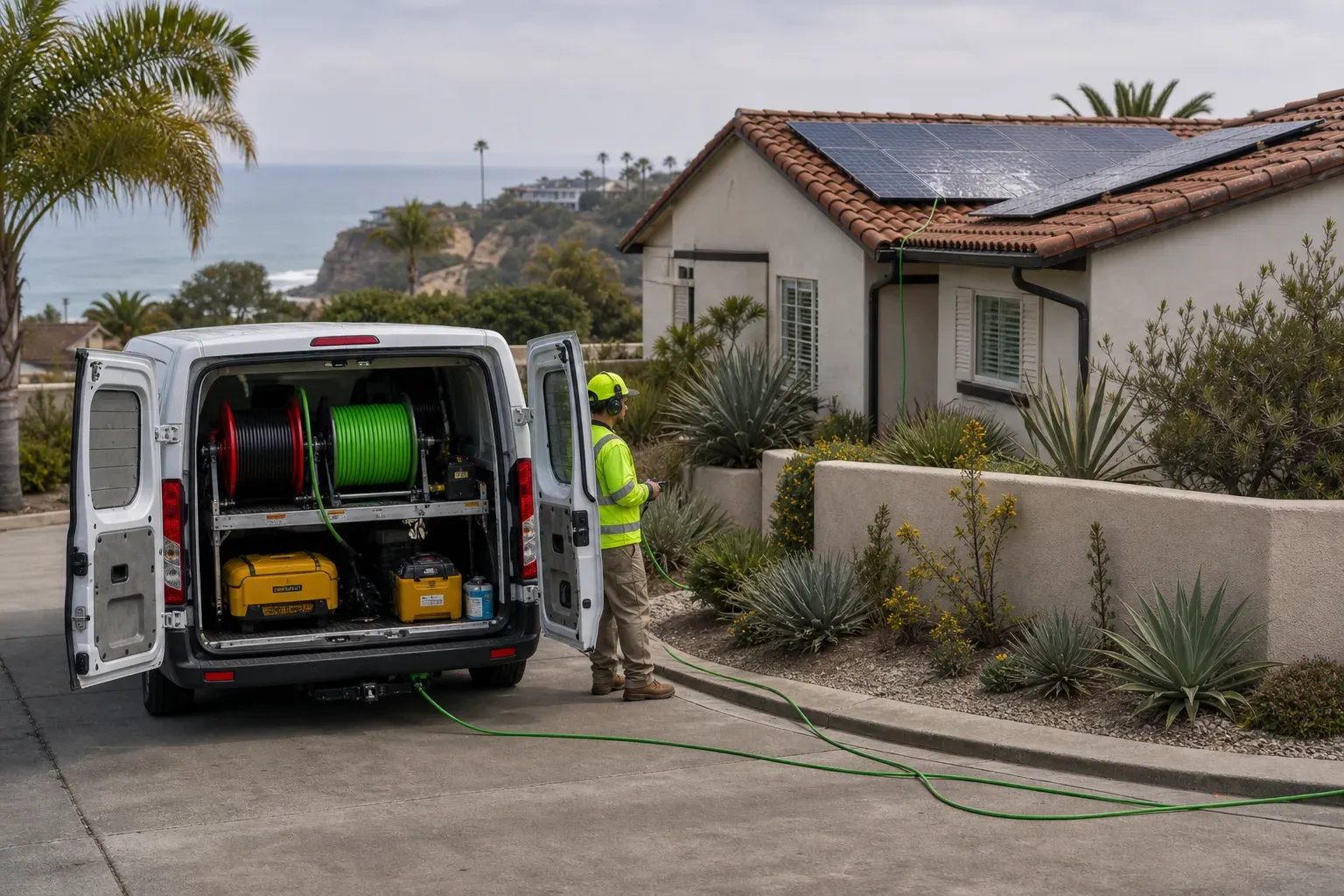 DronePower1 service van, hose reel, and green cleaning hose staged below a Solana Beach tile-roof solar array.