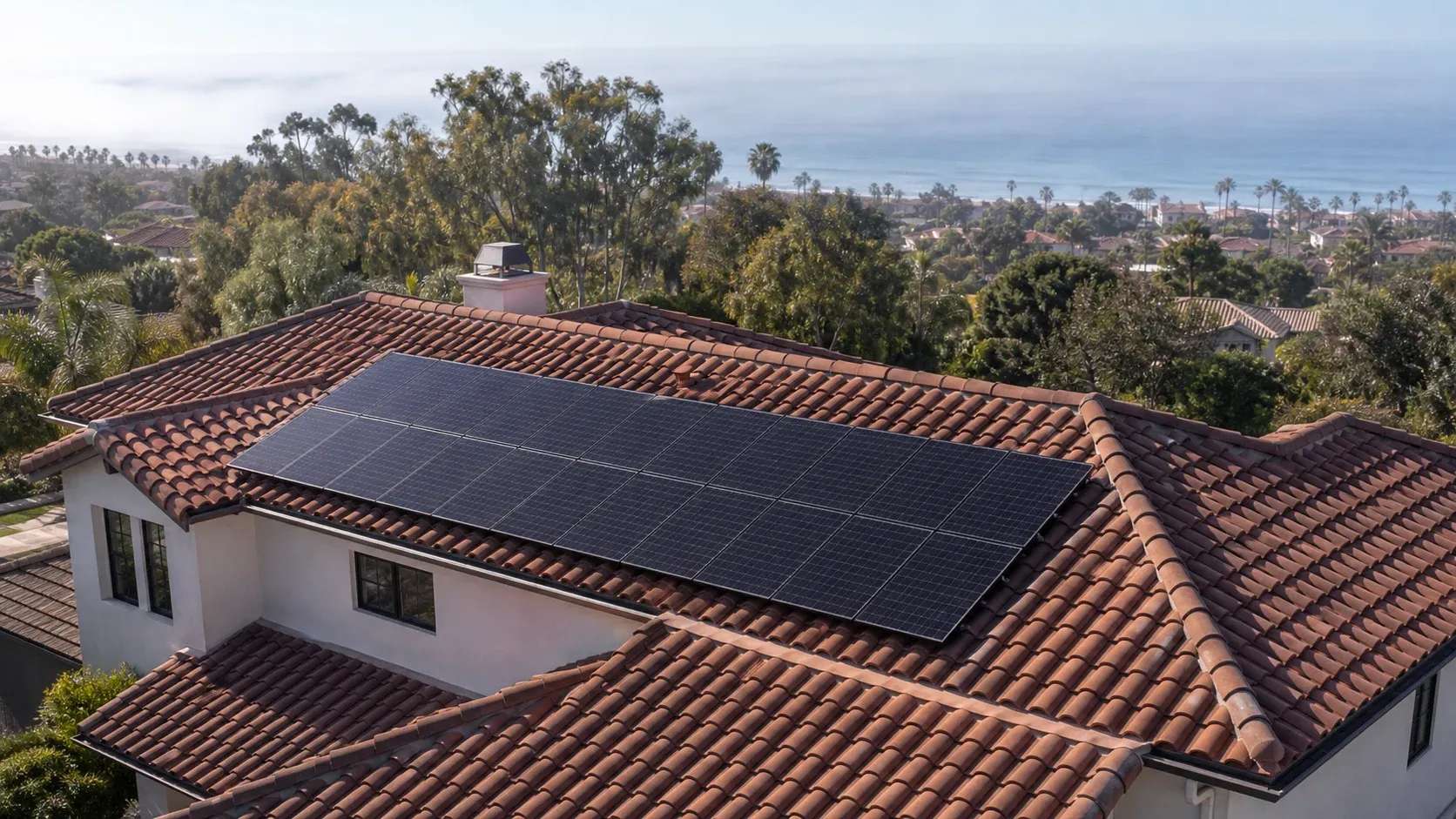 North County coastal home with solar panels mounted on a red clay Spanish tile roof near the ocean
