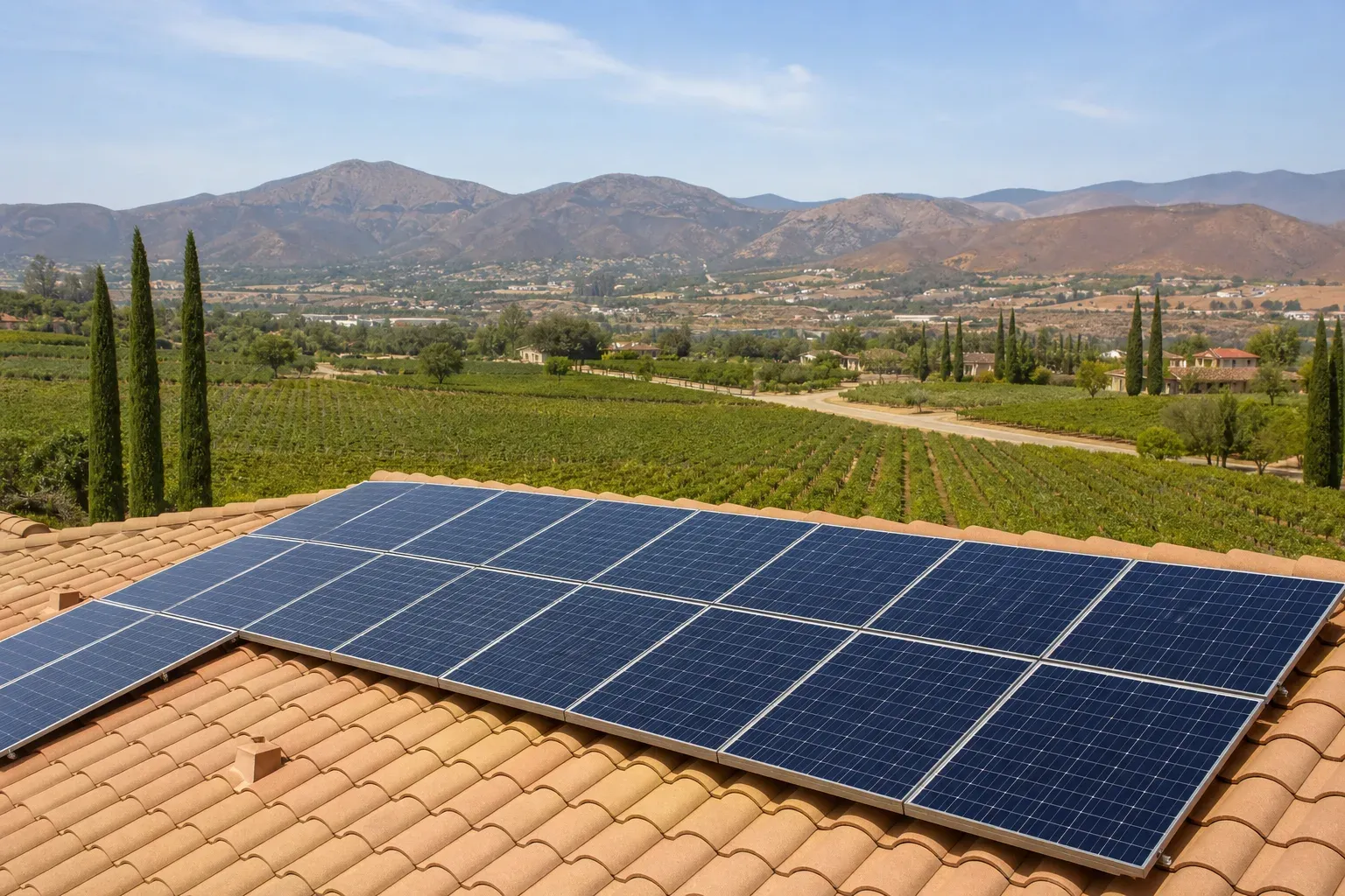 Solar panels on a Temecula tile roof overlooking vineyards and inland hills.