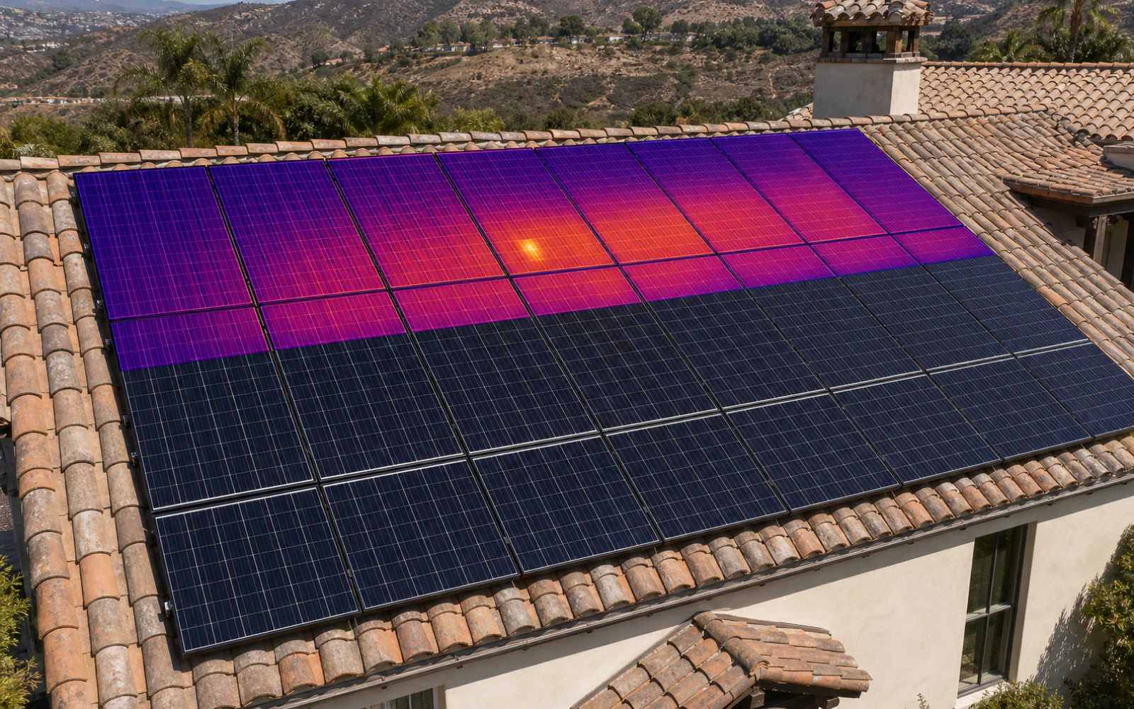 Aerial visible and thermal inspection view of solar panels on a Spanish tile roof with one localized hotspot