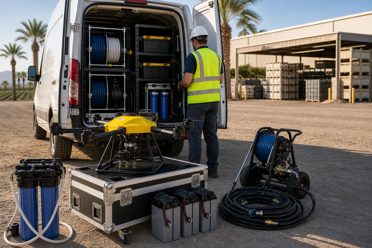 DronePower1 cleaning drone and deionized water setup staged at a Coachella property.