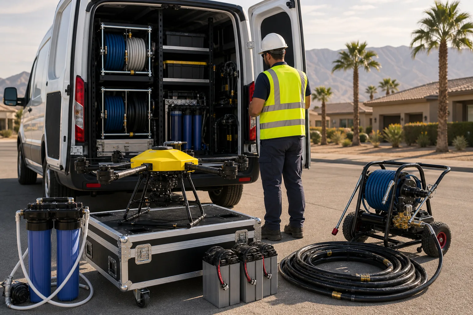 DronePower1 cleaning drone and deionized water tanks staged at an Indio property.