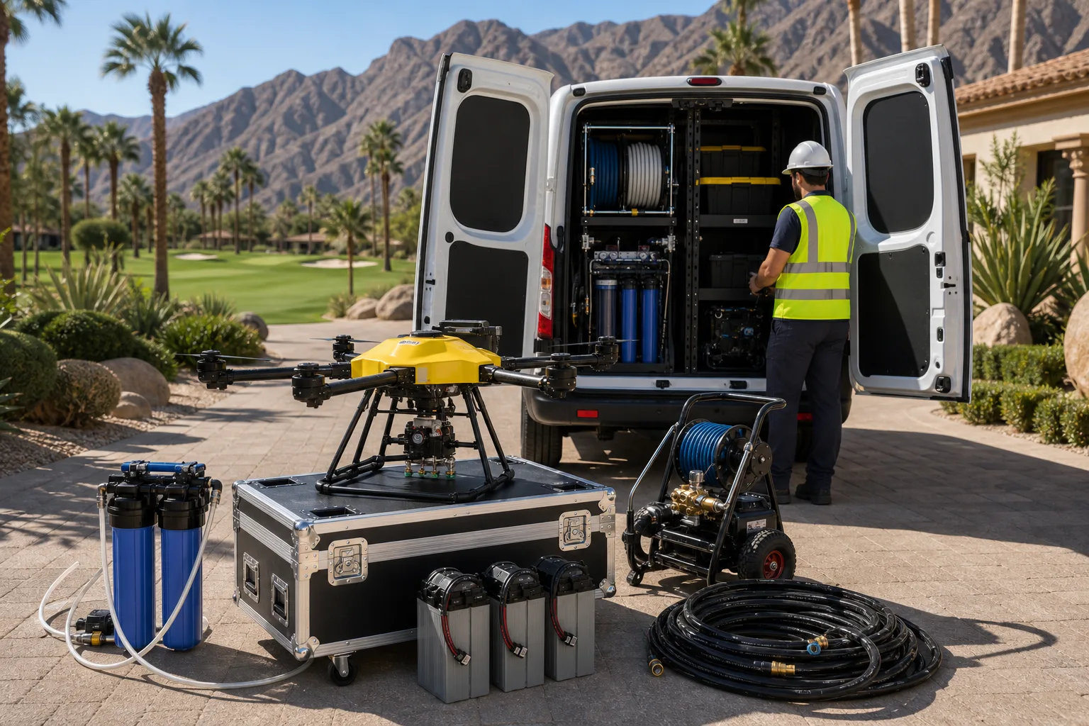 DronePower1 cleaning drone, hoses, and deionized water tanks staged at a La Quinta property.