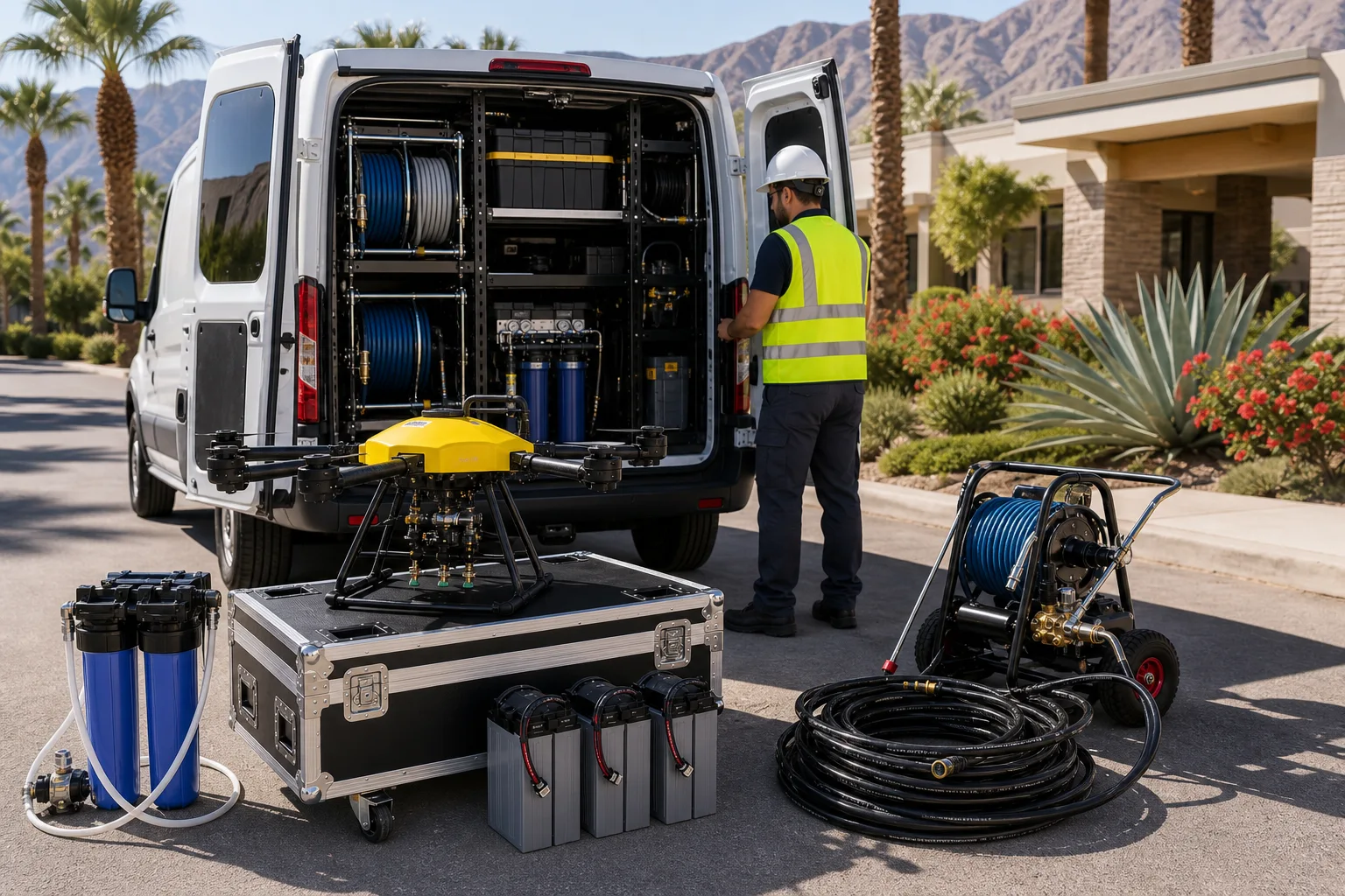 DronePower1 cleaning drone and deionized water setup staged at a Rancho Mirage property.